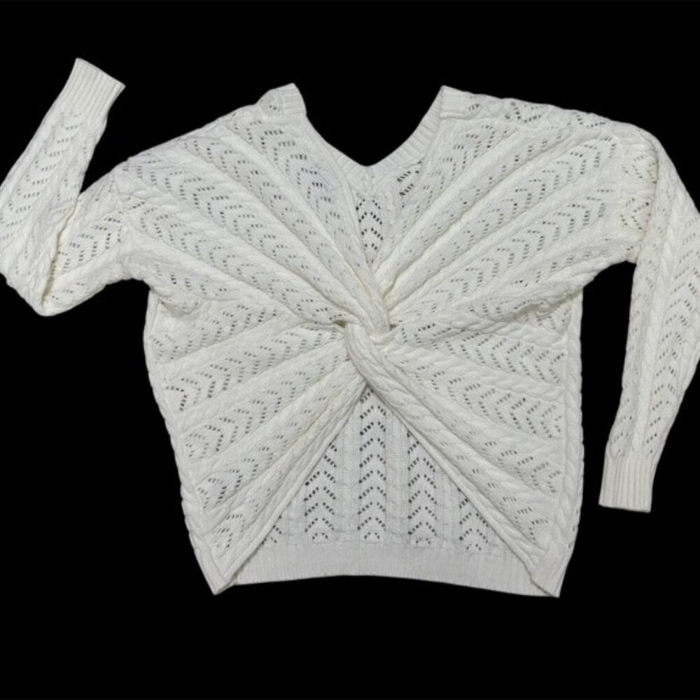 mi ami Francesca's Cable Knit Knotback Sweater Women's S Off White V-Necl L/S - Picture 3 of 10